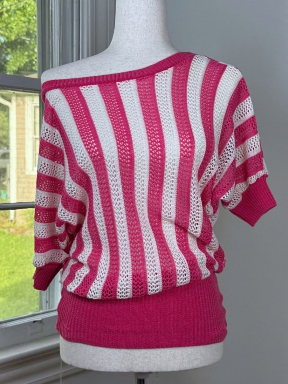Y2K Vintage Hot Pink and White Striped Knit Off the Shoulder Top Large McBling